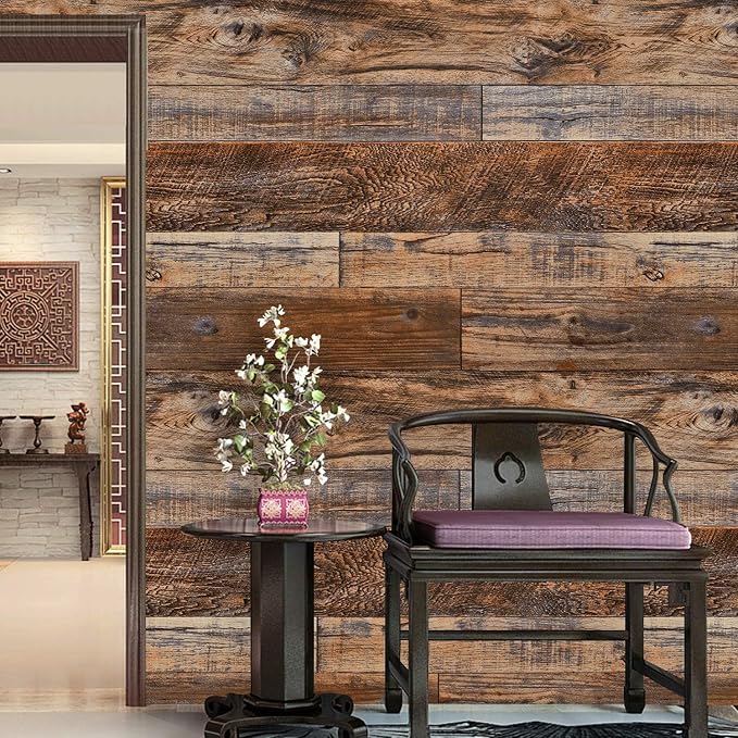 WENMER 23.6" x 78.7" Brown Wood Peel and Stick Wallpaper Shiplap Self Adhesive - Image 2