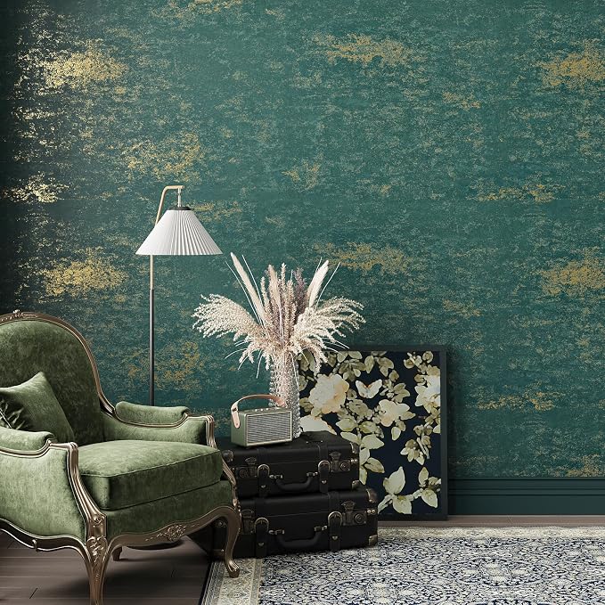 VEELIKE Vintage Teal Gold Peel and Stick Wallpaper Metallic Distressed Green - Image 3