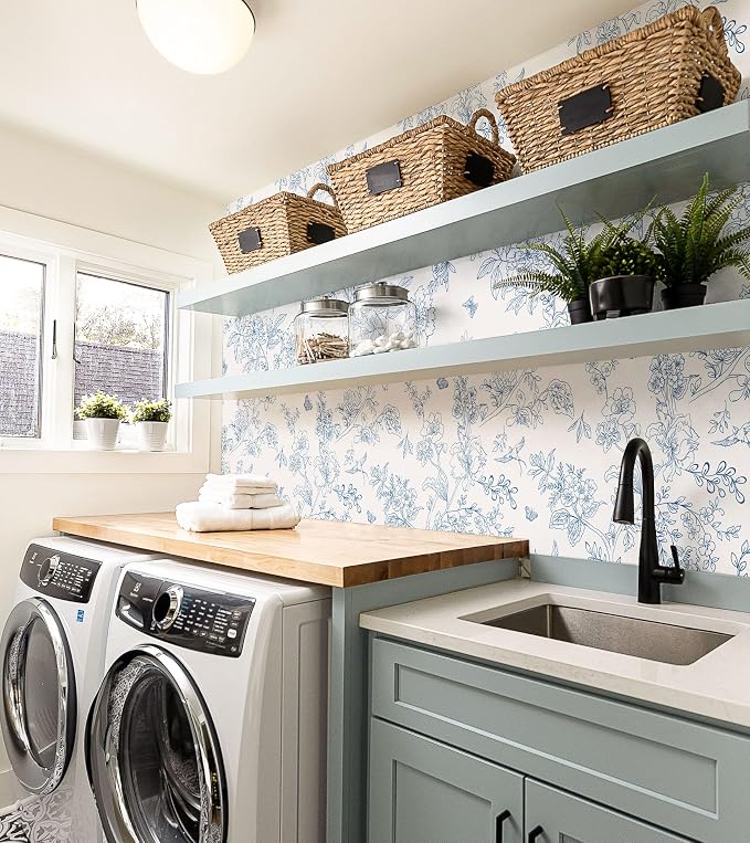 Froluya Cream White and Blue Floral Wallpaper Peel and Stick Wallpaper - Image 3