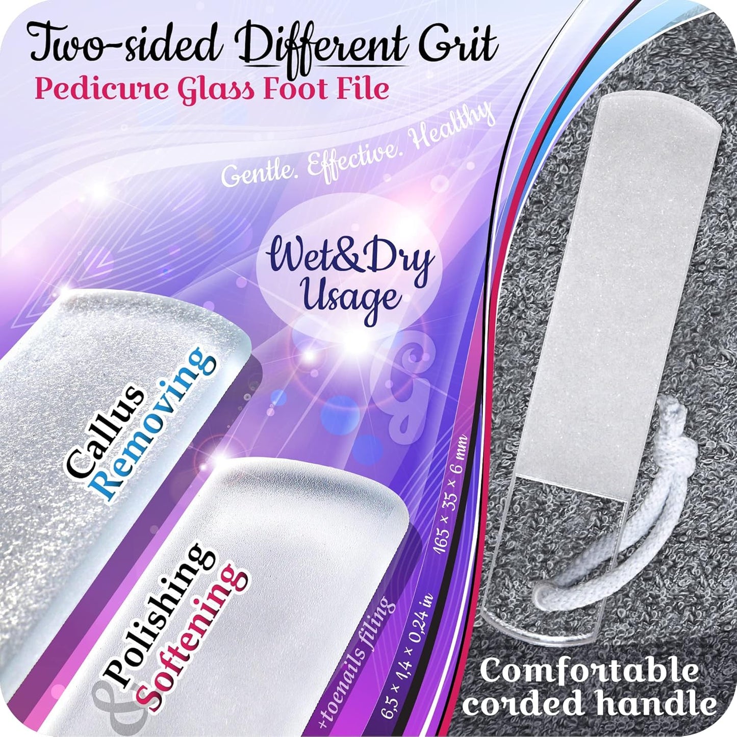GLADZY Czech Glass Nail File Set - Multifunctional Nail Shiner Buffer, Callus Remover Foot Rasp, Glass Cuticle Pusher Manicure Stick, Etched Surface, Professional Nail Care Tool, Made in EU