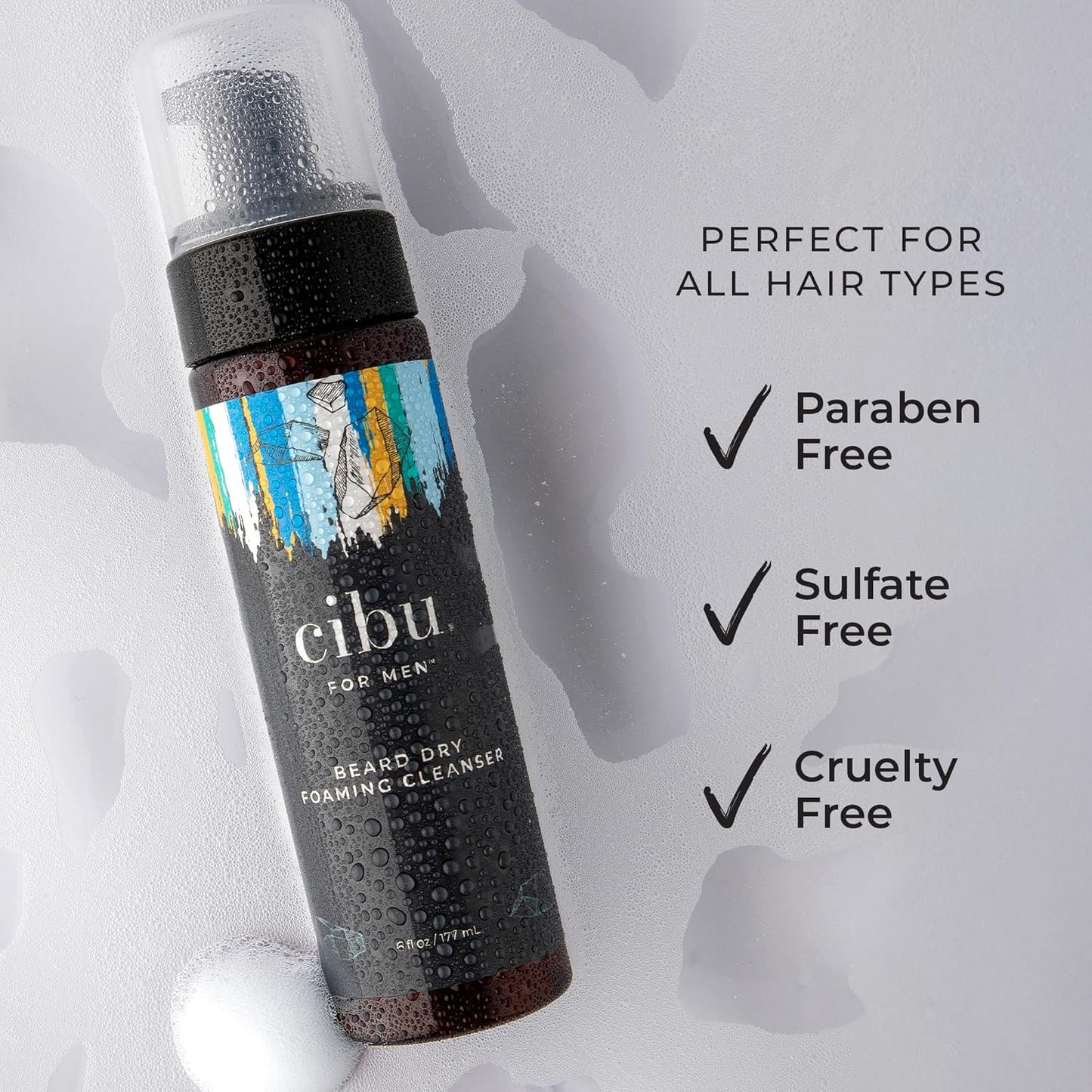 Cibu for Men Beard Dry Foaming Cleanser 6oz - Rinse-Free Beard Wash for Men to Control and Tame Unruly Beards and Coarse Hair - Softening and Nourishing Beard Cleaner with Aloe, Jojoba, and Argan Oils