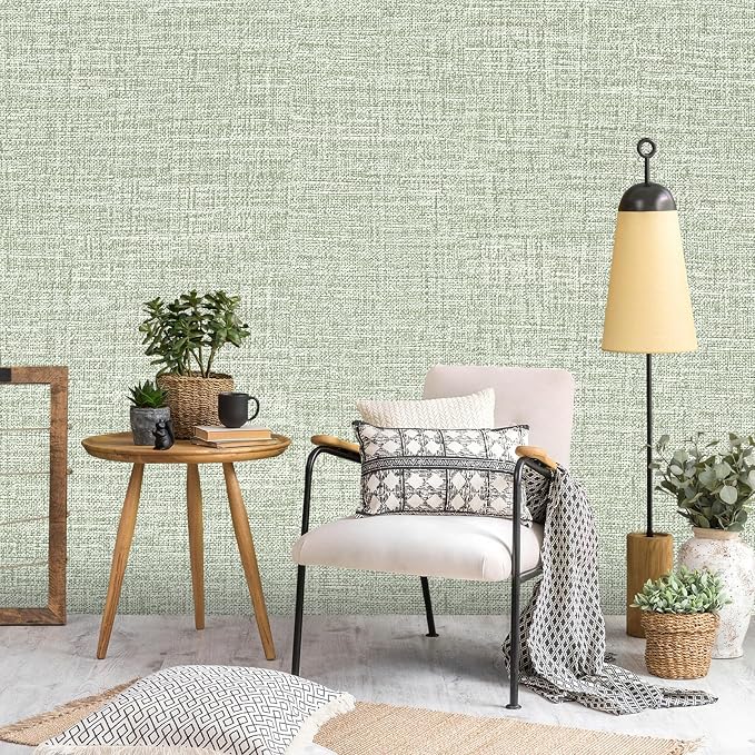 Green Grasscloth Peel and Stick Wallpaper 17.3"x120" Faux Linen Textured - Image 6