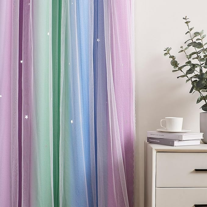 XiDi Curtains for Bedroom Decor, Rainbow Green PurpleBlue34/96/1 - Image 3