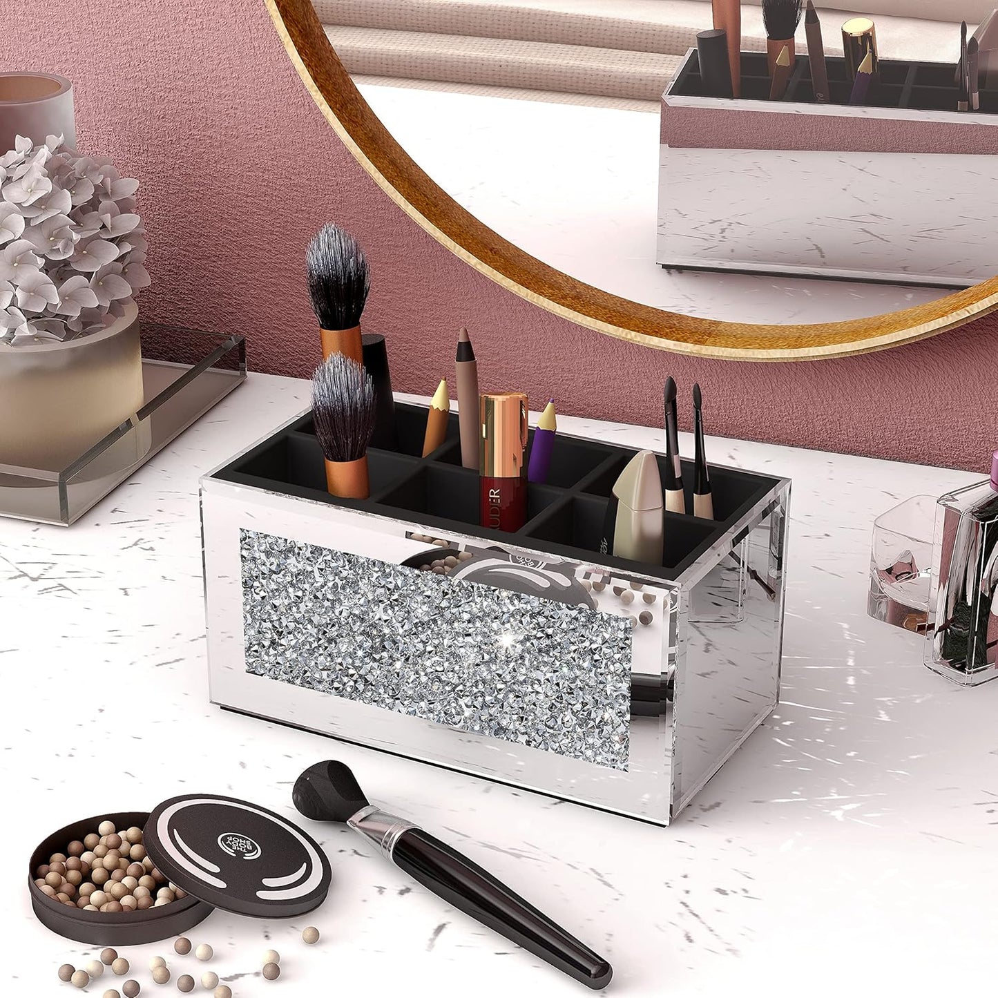 SHYFOY Makeup Brush Holder Organizer with Crushed Diamond 6 Slot Mirrored Make up Cosmetics Organizers and Storage for Vanity Countertop