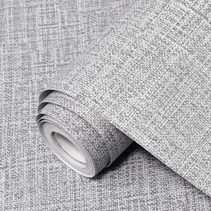 Grey Grasscloth Peel and Stick Wallpaper 17.3"x120" Faux Linen Textured Contact by Uooar
