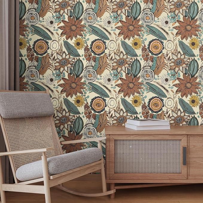 Boho Wallpaper Peel and Stick, Retro Floral Contact Paper 17.5" x 393.7" - Image 5