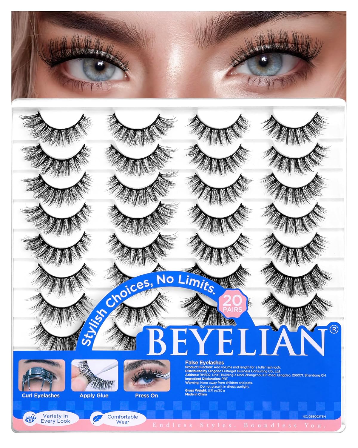 BEYELIAN False Eyelashes Natural Look 20 Pairs Strip Lashes, Wispy Lash Pack Soft 3D Volume Faux Mink Lashes That Look Like Extensions C-MIX-2