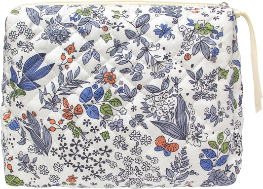 PAZIMIIK Quilted Makeup Bag Large Travel Zipper Soft Cosmetic Pouch for Women Girls Make Up,Leaf White