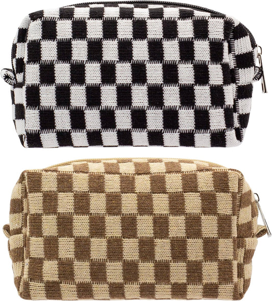 PAZIMIIK Checkered Makeup Bag for Purse Portable Zipper Make Up Pouch Small Cosmetic Case for Travel Accessories (2PCS Black Coffee)