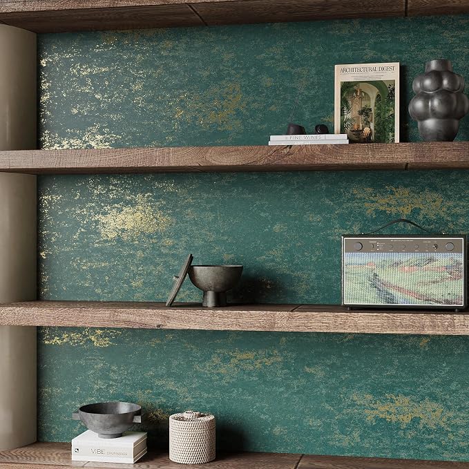 VEELIKE Vintage Teal Gold Peel and Stick Wallpaper Metallic Distressed Green - Image 4