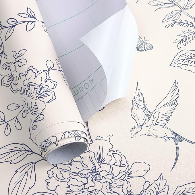 Froluya Cream White and Blue Floral Wallpaper Peel and Stick Wallpaper - Image 7