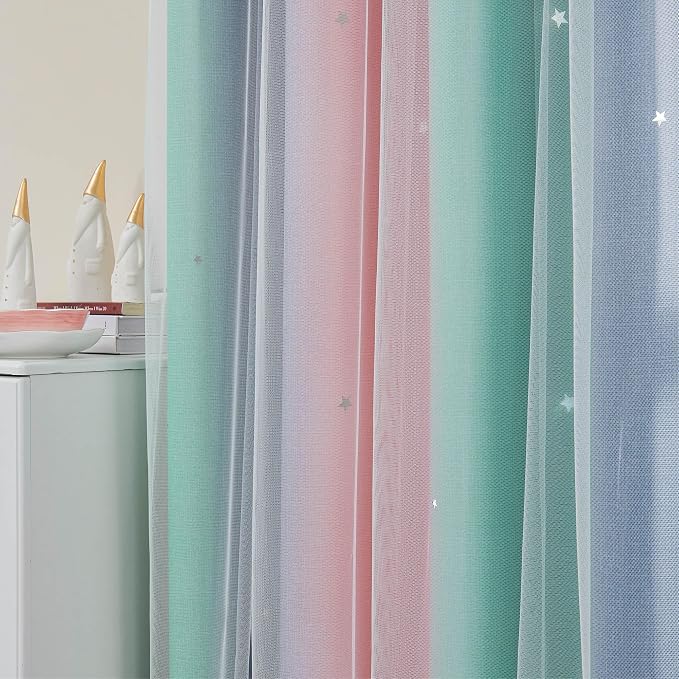 XiDi Curtains for Bedroom Decor, Rainbow Pinkgreen grey52/45 - Image 3