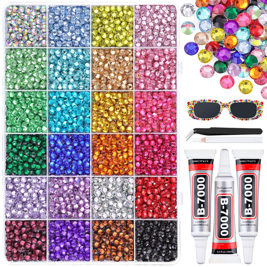 6600Pcs Resin Rhinestones for Bedazzling with 3Pcs B7000 Jewelry Glue, Multicolor 5mm Flatback Gems Rhinestones for Crafting, Clothing Tumblers Mugs Shoes Fabric Decor Nail Art