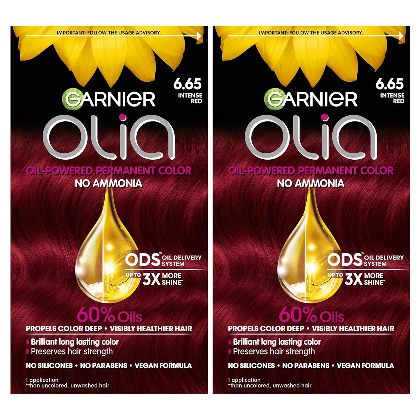 Garnier Olia Hair Color, Oil Powered Ammonia Free Permanent Hair Dye for Long-Lasting Color, 6.65 Intense Red, 2 Dye Kits