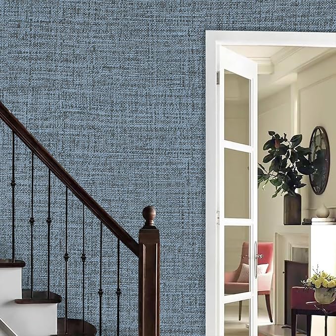 Blue Gray Grasscloth Peel and Stick Wallpaper 17.3"x160" Faux Linen Textured - Image 6
