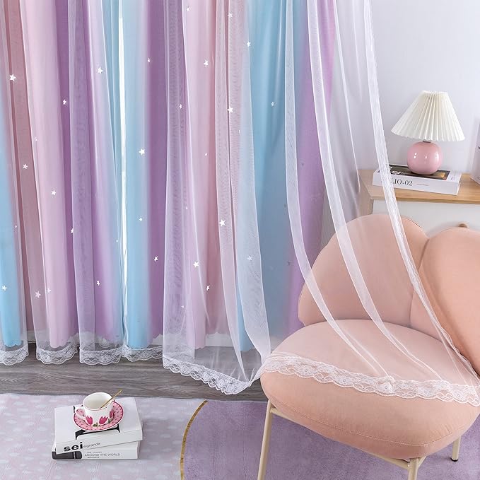 XiDi Curtains for Bedroom Decor, Rainbow Pink Purple/52/90 - Image 6