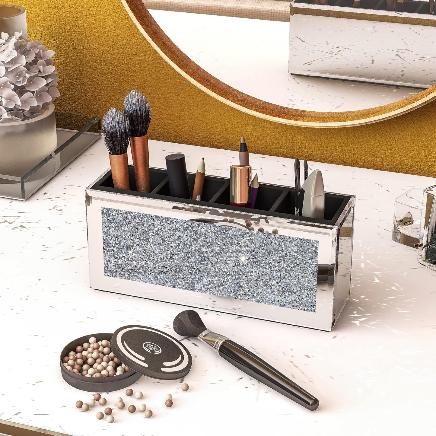 SHYFOY 4-Compartment Makeup Brush Holder, Mirrored Makeup Organizer with Crushed Diamond Crystals, Vanity Cosmetics Organizer Solution, Pencil Holder Organizer for Desk