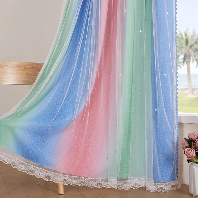 XiDi Curtains for Bedroom Decor, Rainbow Pink GreenBlue52/54/1 - Image 5