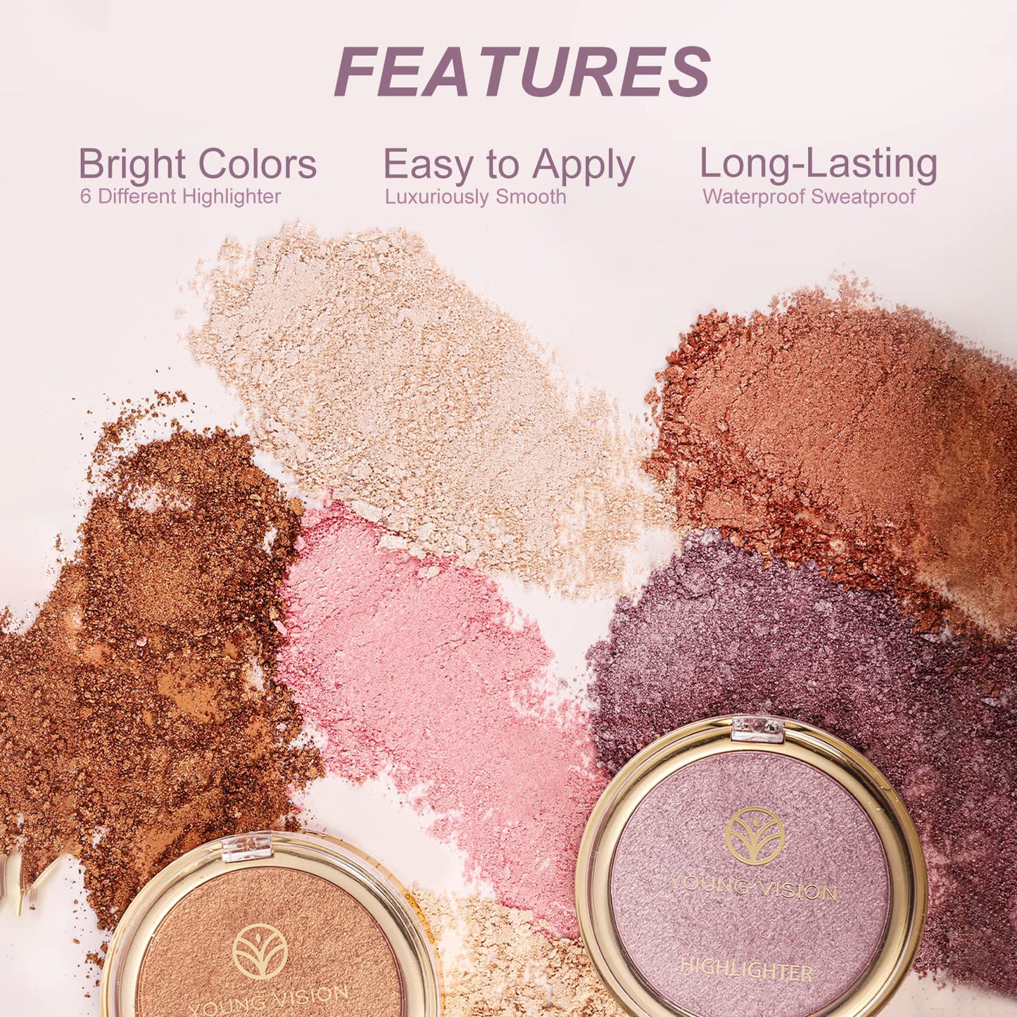 YOUNG VISION Pressed Powder Highlighter, Baked Natural Glow Contour Powder & Face Highlighter, Cruelty-Free, Shimmer Highlighting Makeup for Face, Eye, Eyeshadow, Body, Skin (Pink)