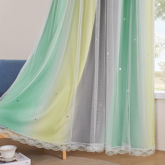XiDi Curtains for Bedroom Decor, Rainbow GreenYellowGrey34/90/1 - Image 4