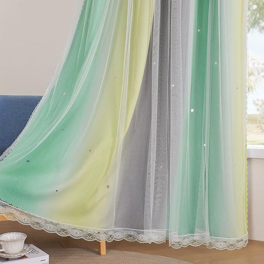XiDi Curtains for Bedroom Decor, Rainbow GreenYellowGrey52/54/1 by Addsomecolortolife