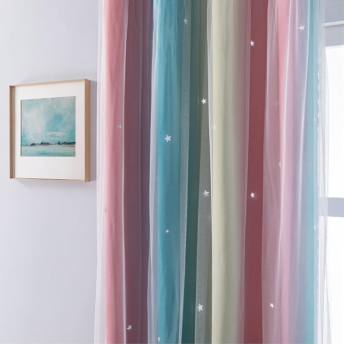 XiDi Curtains for Bedroom Decor, Rainbow Pink-Blue-34-54 - Image 2