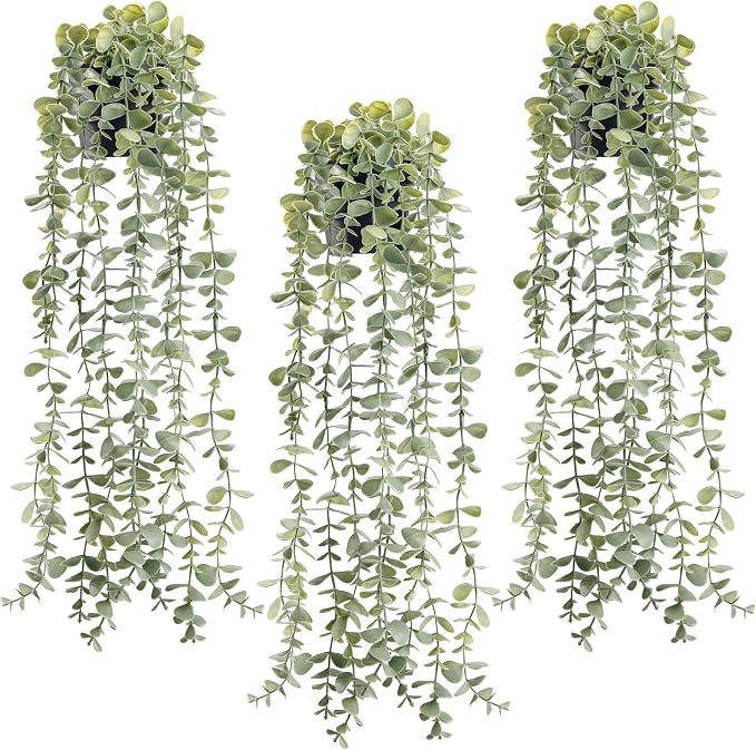 Der Rose 3Pcs Fake Plants Hanging Artificial Decor Faux Potted Eucalyptus Plants by DerRose