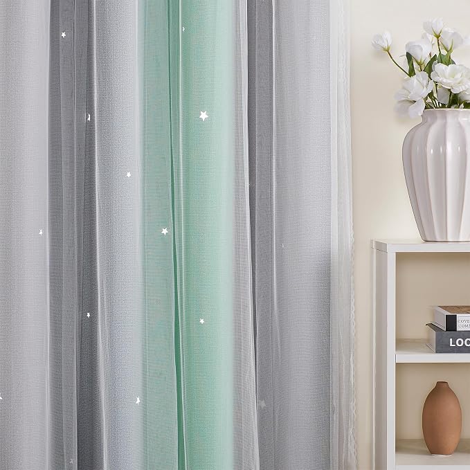 XiDi Curtains for Bedroom Decor, Rainbow Green LightgreyGrey52/45/1 - Image 2