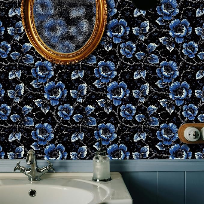 FLFK Black Floral Wallpaper Peel and Stick Dark Blue Flower Wallpaper 16" x - Image 5