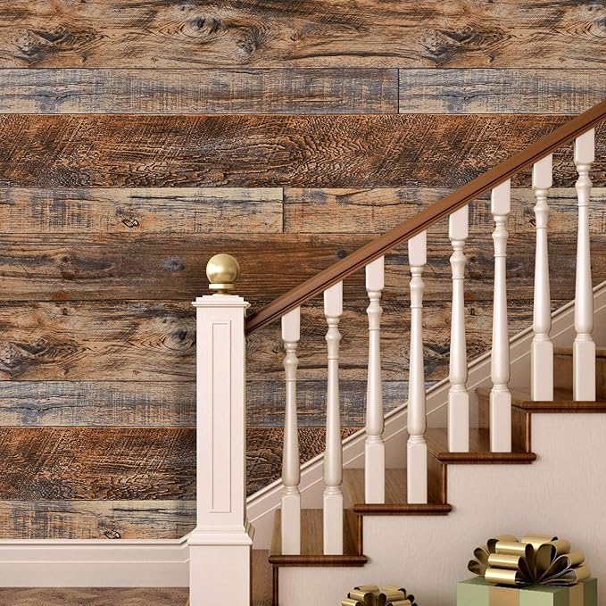 WENMER 11.8" x 118" Brown Wood Peel and Stick Wallpaper Shiplap Self Adhesive - Image 3