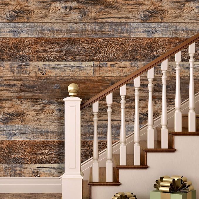 WENMER 17.71" x 590" Brown Wood Wallpaper Peel and Stick Wallpaper Shiplap Self - Image 3