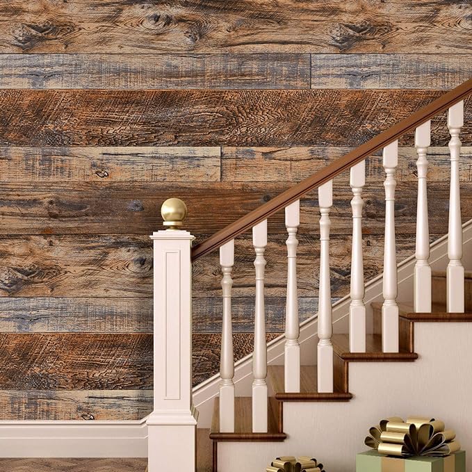 WENMER 17.71" x 472" Brown Wood Wallpaper Peel and Stick Wallpaper Shiplap Self - Image 2