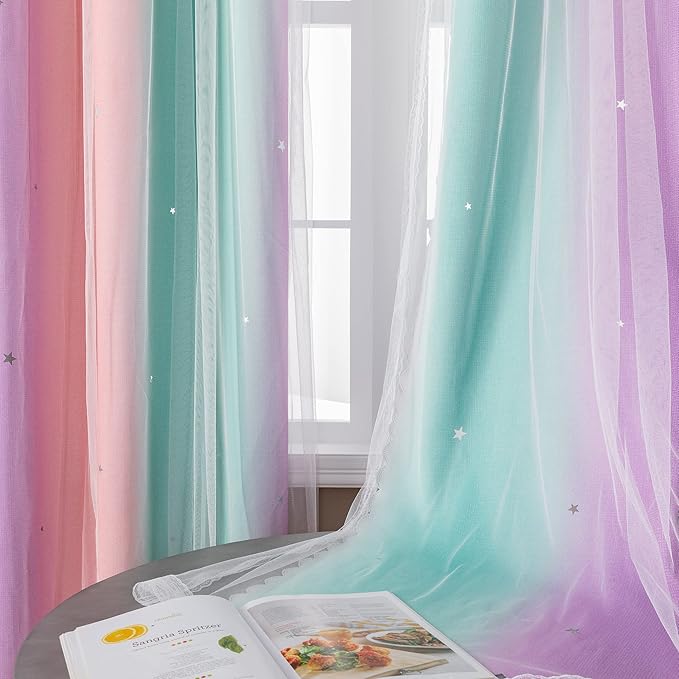 XiDi Curtains for Bedroom Decor, Rainbow PinkPuGreen-34-96 - Image 5