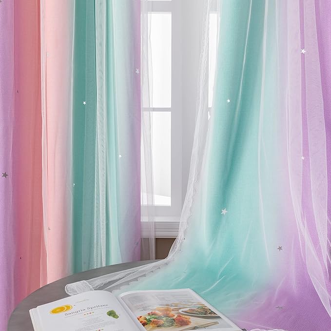 XiDi Curtains for Bedroom Decor, Rainbow Pink Purple Green 62/79/1 - Image 3