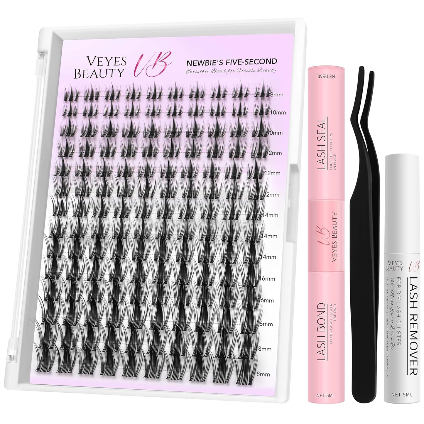 VEYESBEAUTY Lash Clusters Kit Eyelash Extensions Thin & Invisible Band DIY Individual False Eyelashes Newbie's Five-Second Series Wispy Lash Tray for Self-application, Manga Lash 8-18mm Mixed Length