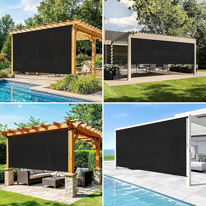 8'W x 8'H Black Patio Shades Roll up Outdoor Roller Shade Crank Wand Blind - Image 5