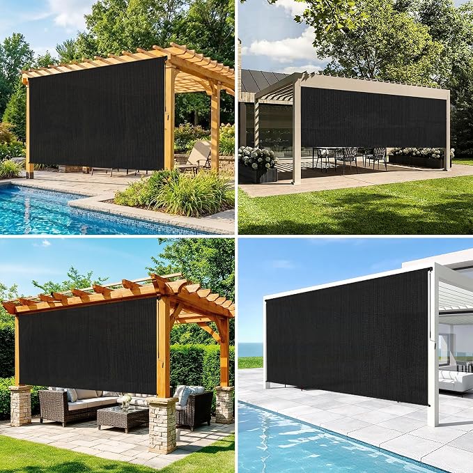 7'W x 6'H Black Patio Shades Roll up Outdoor Roller Shade Crank Wand Blind - Image 5