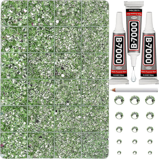 30000Pcs Resin Rhinestones Set for Crafting Bedazzling, Light Green Flatback Gems Jewels for Crafts Clothes Shoes Fabric Outfit Nails Makeup, Flat Back Sage Green Crystal 2-6mm with b 7000 Glue