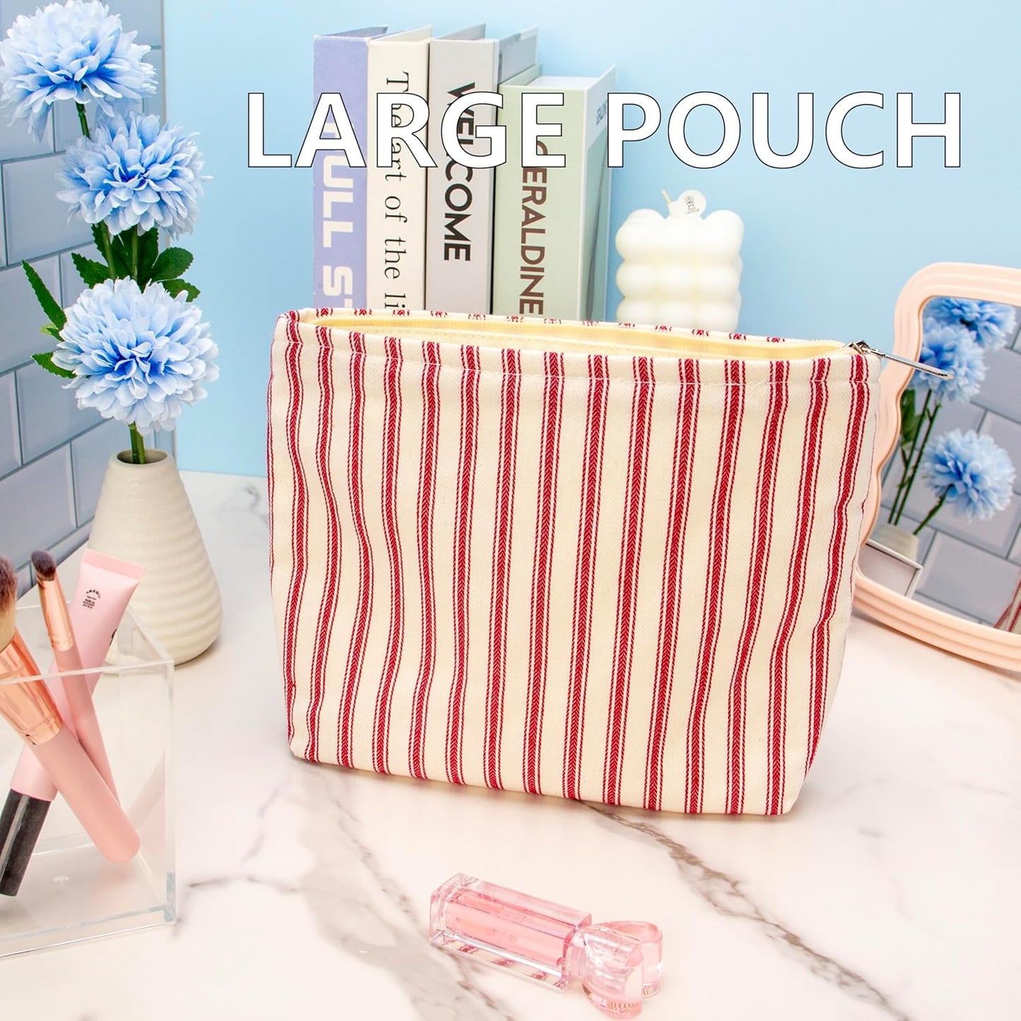 PAZIMIIK Makeup Bag Large Cotton Zipper Pouch for Purse Travel Canvas Make Up Organizer for Women Cosmetic,Vintage Stripe Red