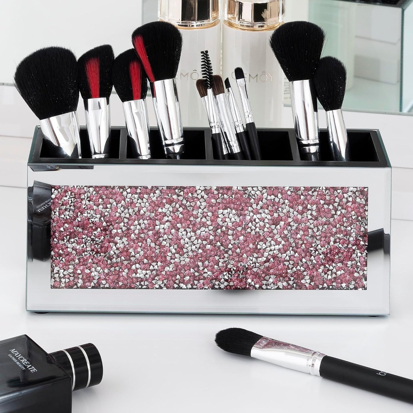 SHYFOY Mirrored Makeup Brush Holder, 4-Compartment Makeup Organizer with Pink Crushed Diamond, Vanity Cosmetics Organizer Solution, Pencil Holder Organizer for Desk
