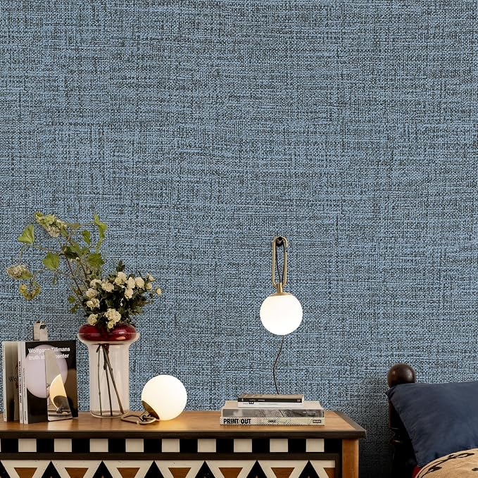 Blue Gray Grasscloth Peel and Stick Wallpaper 17.3"x160" Faux Linen Textured - Image 3