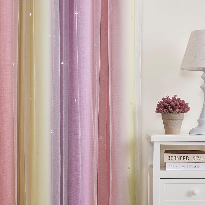 XiDi Curtains for Bedroom Decor, Rainbow Pink PurpleYellow34/54/1 - Image 2
