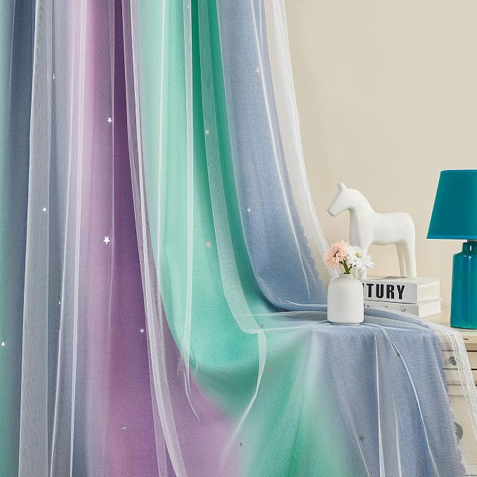 XiDi Curtains for Bedroom Decor, Rainbow Purplgreen grey52/45 - Image 3