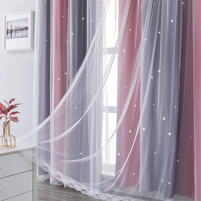 XiDi Curtains for Bedroom Decor, Rainbow Pink-Grey-52-90 - Image 5
