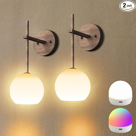 Walnut Grain Battery Operated Wall Sconces Set of 2, Rechargeable Wireless Wall by KeepShinning