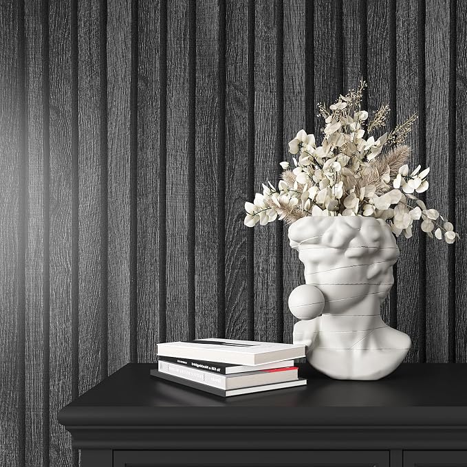 VEELIKE Charcoal Black Wooden Slat Wallpaper Peel and Stick Waterproof Dark - Image 5