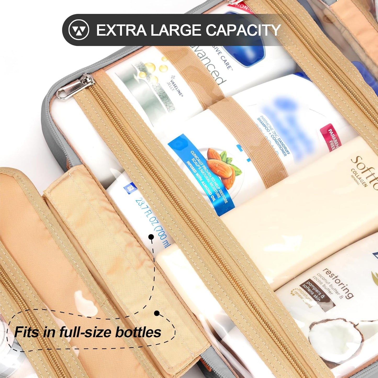 Travel Hanging Toiletry Bag for Women, Holds Full-Size Shampoo, with Jewelry Organizer Compartment, Extra Large Makeup Bag, Waterproof Cosmetic Bag, Toiletries Kit Set with Trolley Belt, Grey