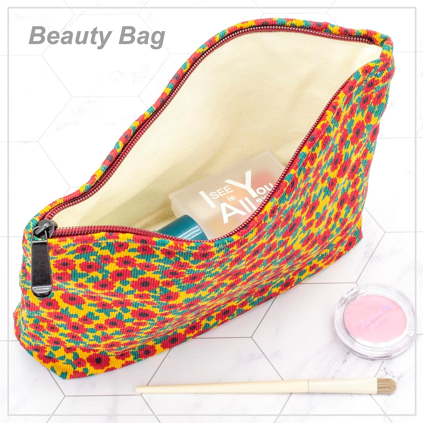 PAZIMIIK Makeup Bag Large Zipper Corduroy Make Up Pouch for Purse Travel Canvas Cosmetic Organizer for Women Brush Storage,Floral Red