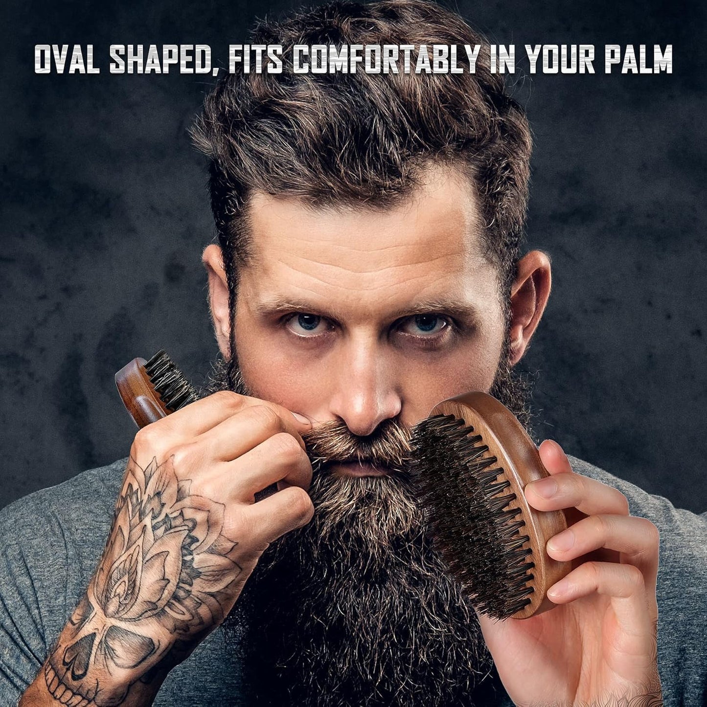 BFWood Boar Bristle Beard Brush - Black Wood Walnut Military Style, Men's Wooden Mustache Brush