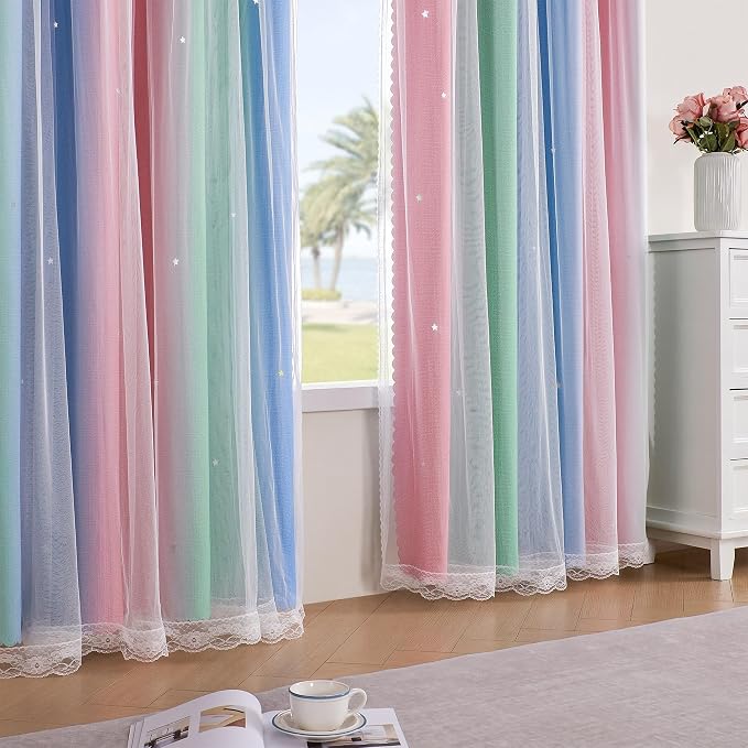 XiDi Curtains for Bedroom Decor, Rainbow Pink GreenBlue34/54/1 - Image 4